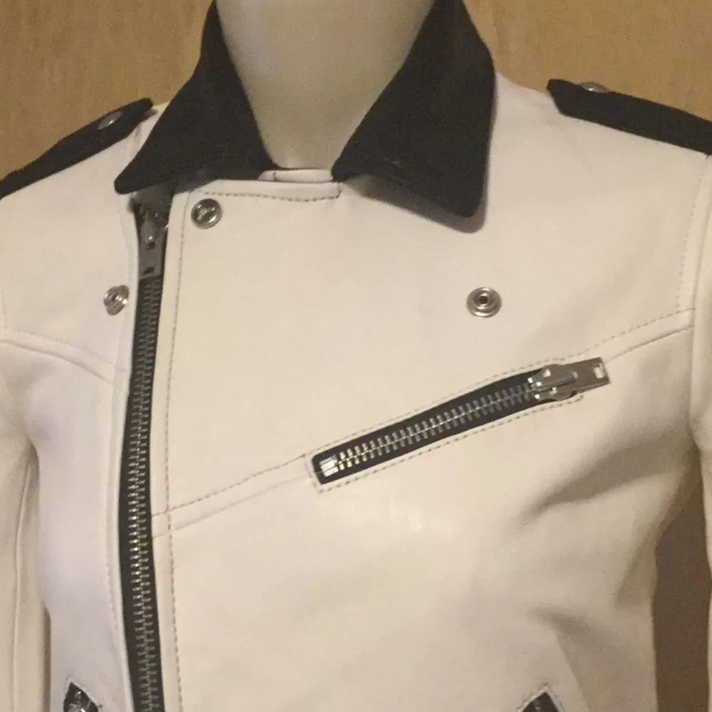 IRO White and Black Yulia Leather Jacket in Ecru - Picture 10 of 16